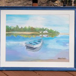 Framed Boat watercolor Painting by C. Barnes