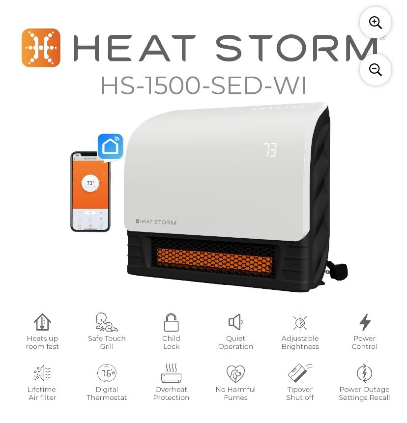 Heat Storm White Sedona 1500W Electric Wifi Enabled Infrared Heater with Fan Option. Brand New.