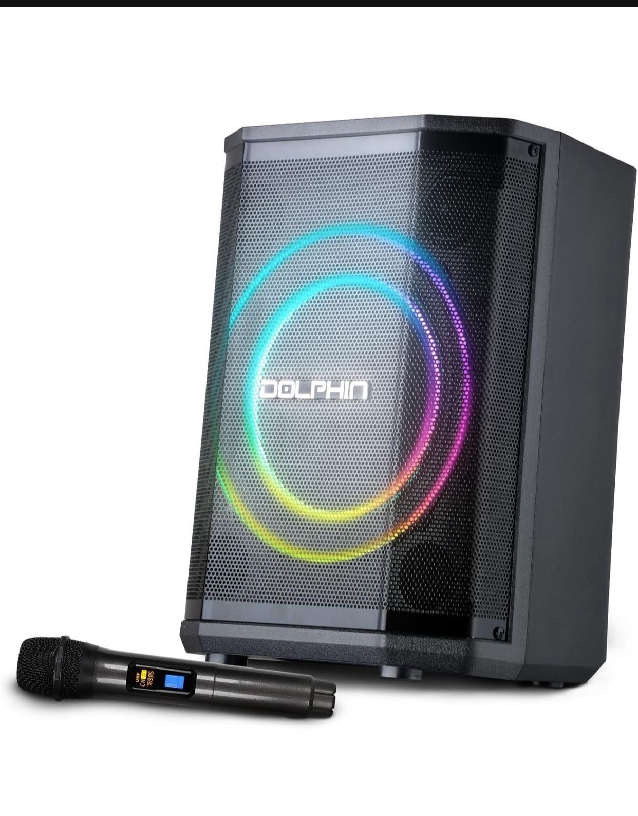 Dolphin Rechargeable Portable Bluetooth Party Speakers, 3D LED Ring Light, TWS, Wireless Microphone, and Multiple Playback Options, Easy-to-Carry, On-
