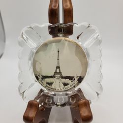 Vintage Clear Glass Ashtray Paris Eiffel Tower Souvenir 1940s Black & White 3" 