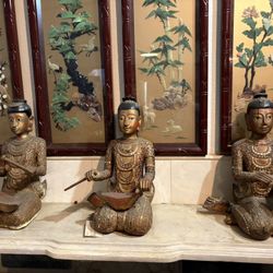  Vintage Burmese Mandalay Gilt Wood Court Musicians Glass Inlay Set of 3 