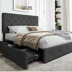 Pick Up: Q026-Queen Platform Bed Frame with Adjustable Headboard and 4 Drawers Under Bed Storage, No Box Spring Needed, Diamond Stitches Button Tufted