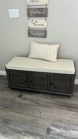 Dark Wood Storage Bench with Cushion