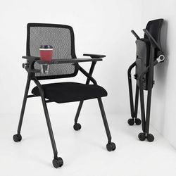 New BLANEDUO Updated Conference Room Chairs with Tablet Arm, Folding Office Desk Chair with Lumbar Support and Sliding Armrest with Casters, Stackable