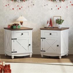 Farmhouse End Table with Drawers and Storage Cabinet with Door 2-Piece Set,, Bedside End Table with Adjustable Shelf, Wood Bedside Table, Night Stand 