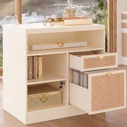Lateral File Cabinet 2 Drawer, Wood Filing Cabinet for Home Office with Lock, Power Strip & Storage Shelves, Fits Legal/Letter Size, White Rattan