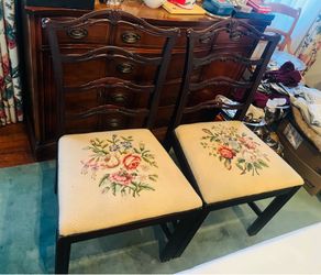 Pair of French Ladder Back Chairs Rose Needlepoint Seats
