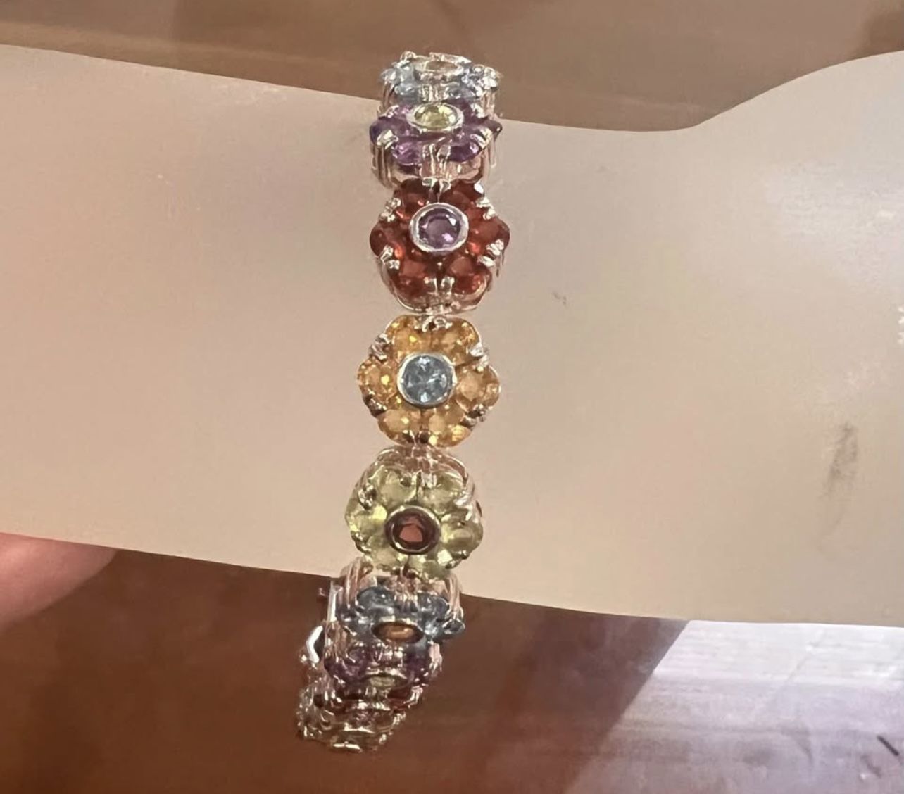 Lady's Sterling Silver Multicolored "Genuine Stones" Bracelet 8' In Length.
