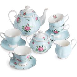 BTaT- Floral Tea Set, Tea cups (8oz), Tea Pot (38oz), Creamer and Sugar Set, Gift box, Tea Sets for Women, Tea Cups and Saucer Set, China Tea Set for 