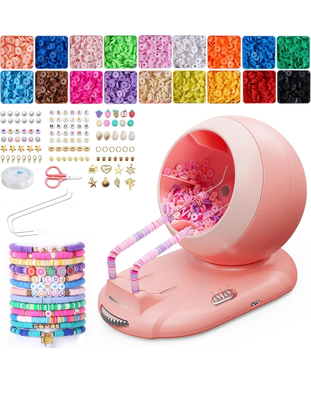 Bead Spinner, Rechargeable Electric Clay Bead Spinner Kit for Bracelet Making, Beginner 4500PCS Clay Beads Kit with Dual Needles and Adjustable Speed,