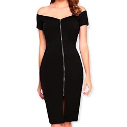 BLACK BODYCON FRONT GOLD ZIP DRESS SIZE M