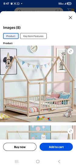 Queen Size Montessori Floor Bed Frame with Slats and Fence, Wooden House Bed for Boys Girls Bedroom, Natural