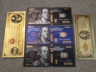 $100 One Hundred Dollar 24k Gold Plated Bills X5