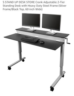 STAND UP DESK STORE Crank Adjustable 2-Tier Standing Desk with Heavy Duty Steel Frame (Silver Frame/Black Top, 60 inch Wide)
