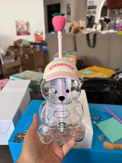 Starbucks Bear Glass Cup with Strawberry Straw