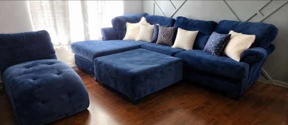 Blue Sectional With Ottoman And Chaise Lounge