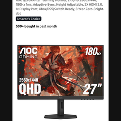 AOC GAMING MONITOR 2560 x 1440 27-Inch 180 hz