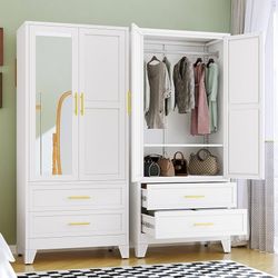 Metal Armoire Wardrobe Closet, 71" Tall Bedroom Closet with Mirror 2 Drawers, Adjustable Shelves, and Hanging Rod, Steel clothes closets an