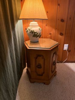 Vintage Octagonal Wood End Table with Storage Cabinet & Glass Top