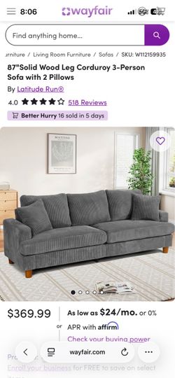 87"Solid Wood Leg Corduroy 3-Person Sofa with 2 Pillows