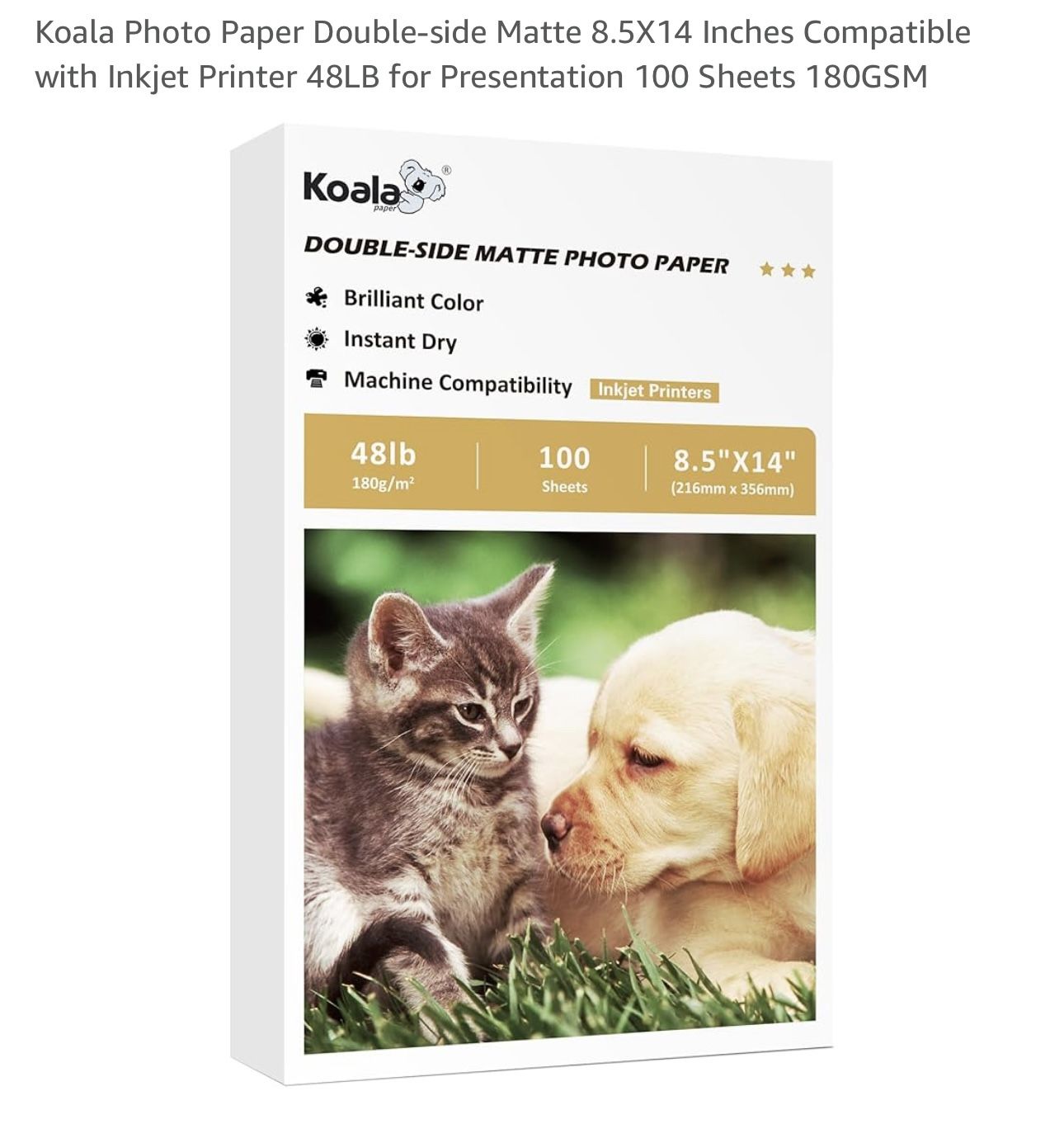 Koala Photo Paper Double-side Matte 8.5X14 Inches Compatible with Inkjet Printer 48LB for Presentation 100 Sheets 180GSM