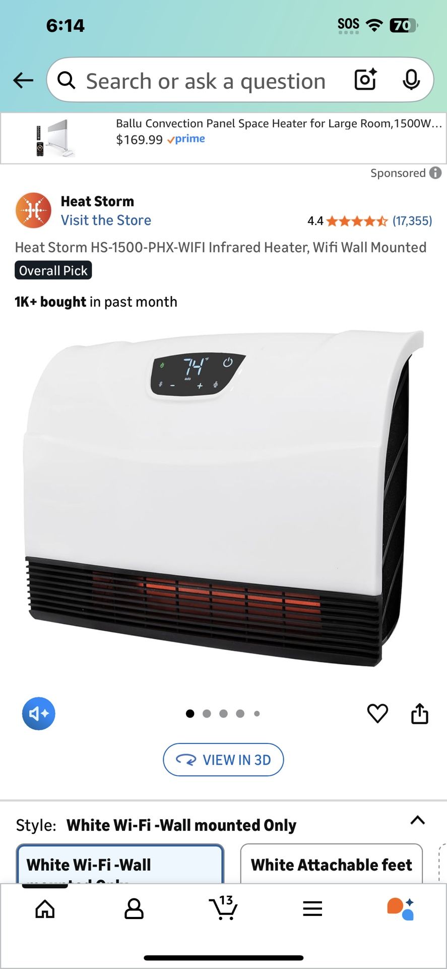 New Heat Storm HS-1500-PHX-WIFI Infrared Heater, Wifi Wall Mounted