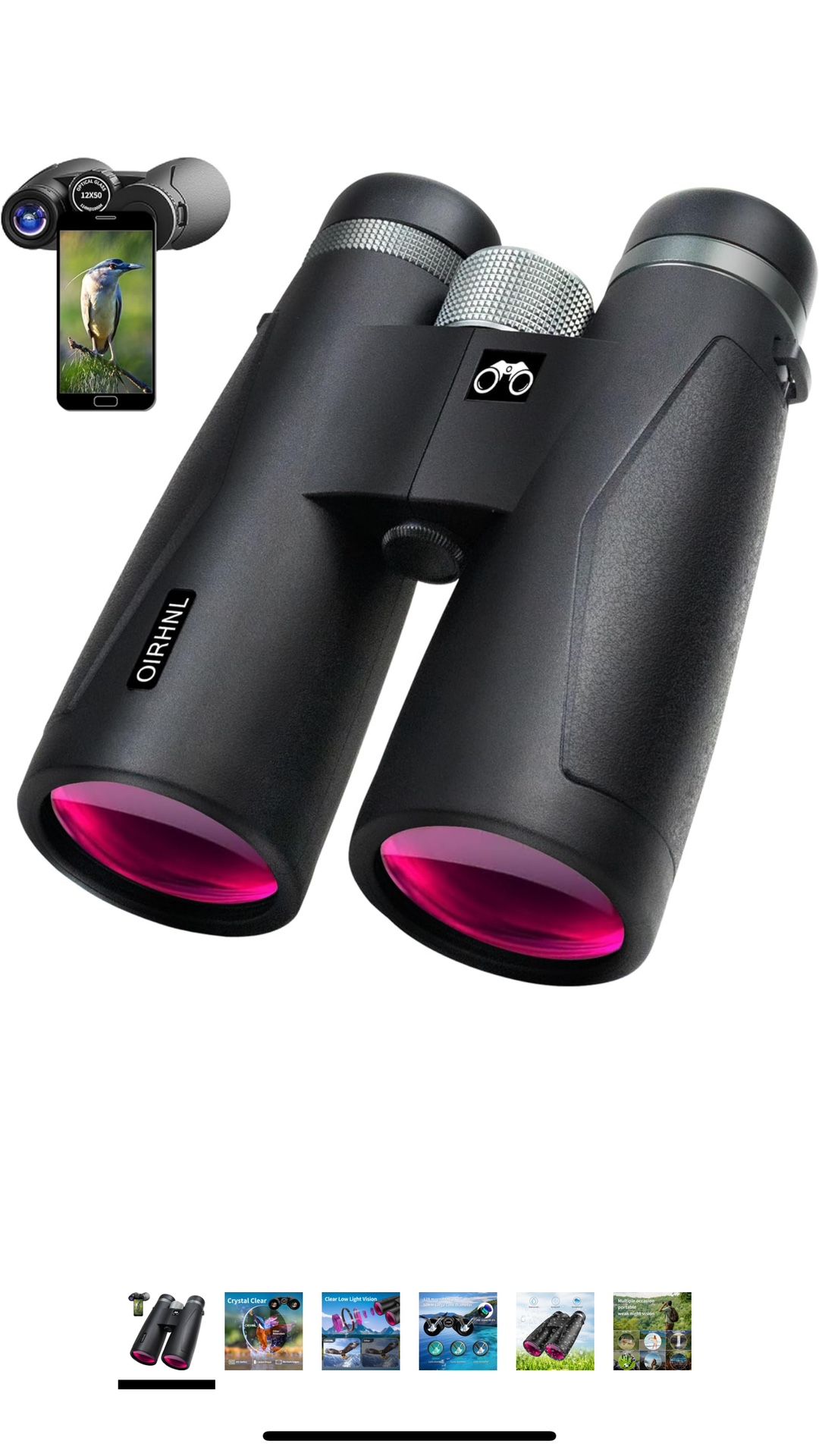 12x50 HD Binoculars for Adults High Powered,Large View Lightweight Waterproof Binoculars with Clear Low Light Vision for Bird Watching,Hunting & Trave