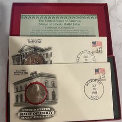 1986 S/D Statue of Liberty Half Dollar Coins With Postage 