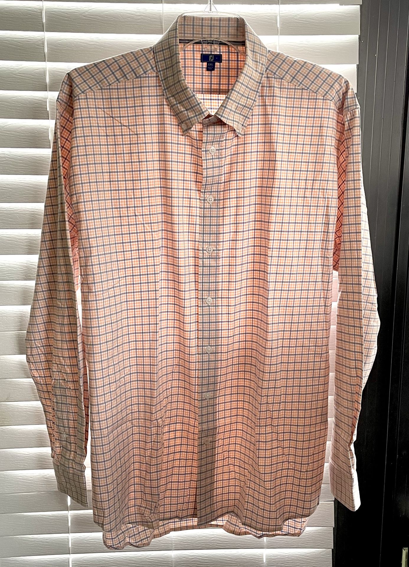Footjoy Button-Down - Plaid Print - Lightweight Woven Dress Shirt - Peach/Blue