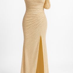Champagne Gold One-Shoulder Sequin Evening Gown with Side Slit | Elegant Formal Dress-XS