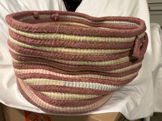 Large Pink and Cream Braided Fabric Storage Basket