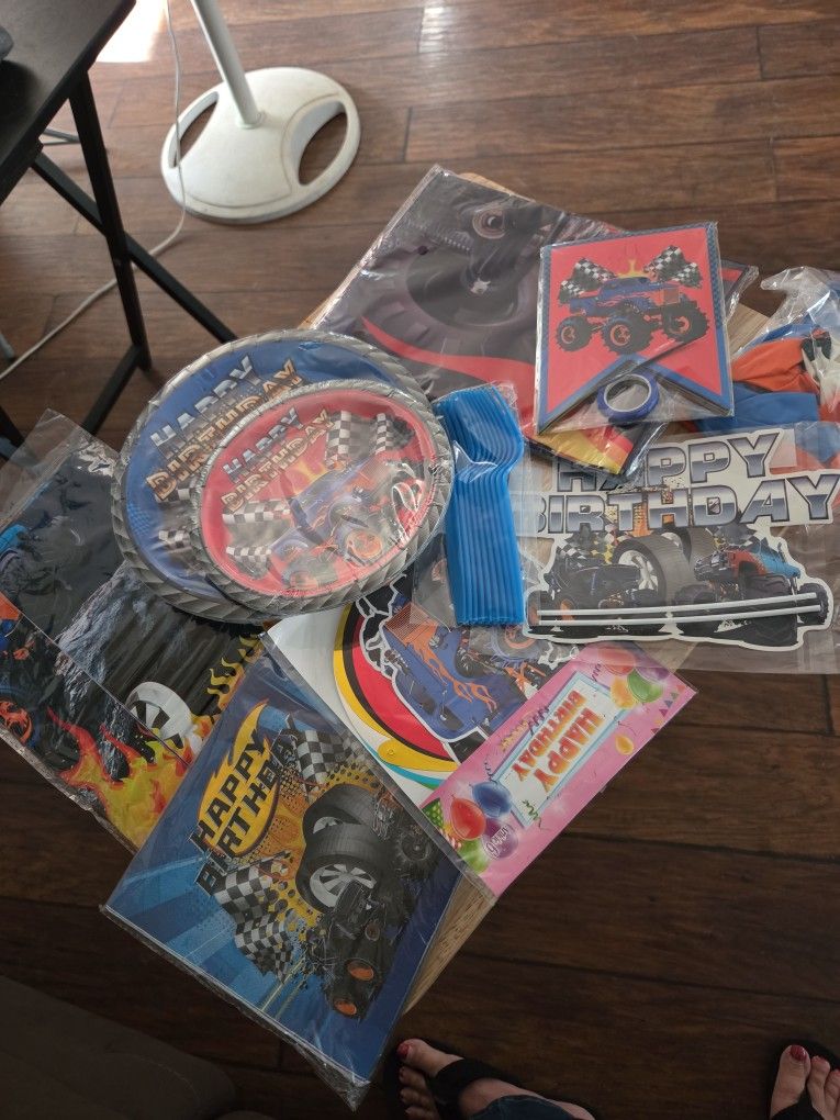Monster Truck Birthday Party Supplies Banner Tablecloth Plates Napkins Back Drop Cake Topper Balloons Streamers