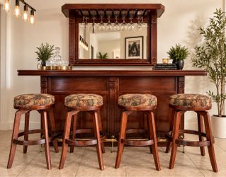 California House 91” Home Bar + 4 Swivel Stools + Hanging Mirror/Wine Rack – Made in USA