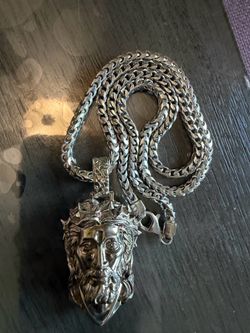 Silver Spikes Crown Jesus Head Pendant Set
