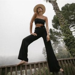 Zara Wide Leg Sailor Gold Buttoned Pleated Trousers in Black Size Large    