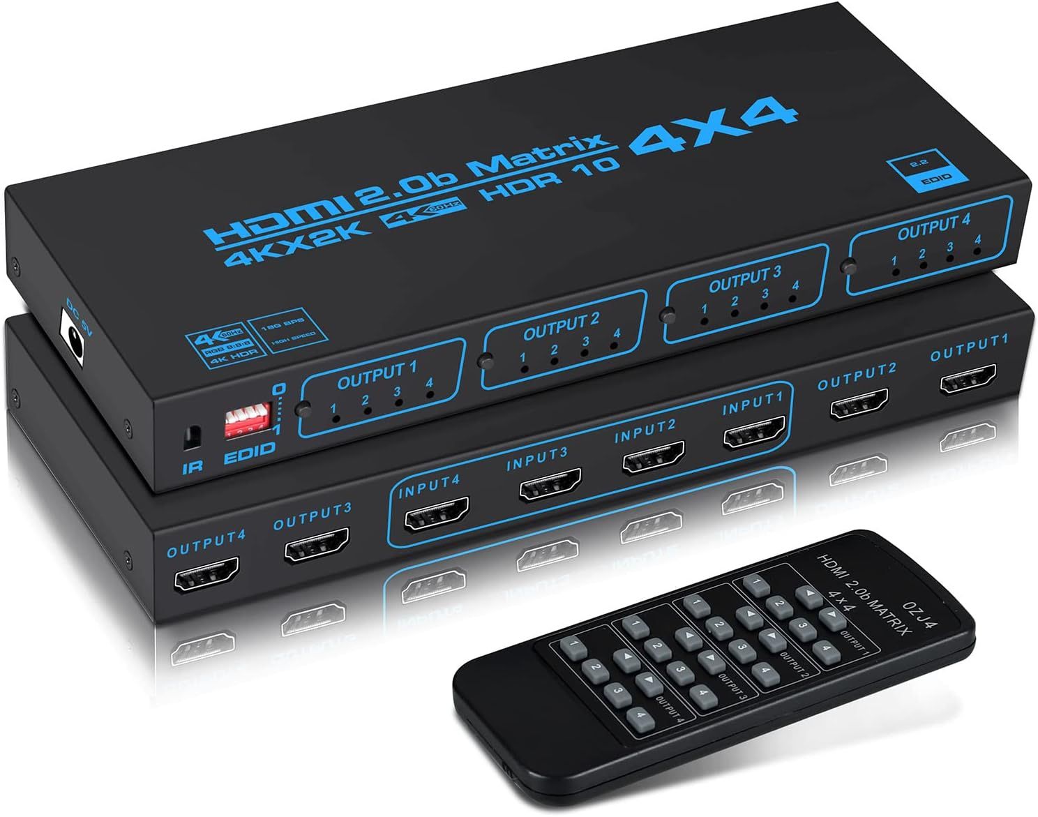 4K@60Hz HDMI Matrix Switch 4x4 with EDID, 4 in 4 Out HDMI Switcher Splitter Audio Video Distributor Selector Box with IR Remote, Support 
