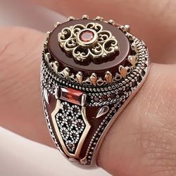 1 pc Vintage Gothic Faux Silver Crown Ring, Engraved Eagle Print Red Synthetic Gemstones Ring - Zirconia - exotic emo alternative Punk- Tribal Jewelry