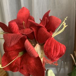 Faux  Red Amaryllis  in a Ladybug Planter Pot 