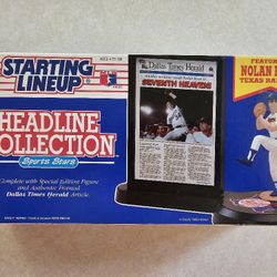Nolan Ryan Starting lineup, headline collection, action figure plus news article.