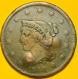 1840 U.S. BRAIDED HAIR LARGE CENT PENNY 1c COIN (VF-Very Fine)