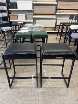 26" Counter Height Bar Stools Leather w/ Stitching Mid-Century Modern Set of 2 - Black