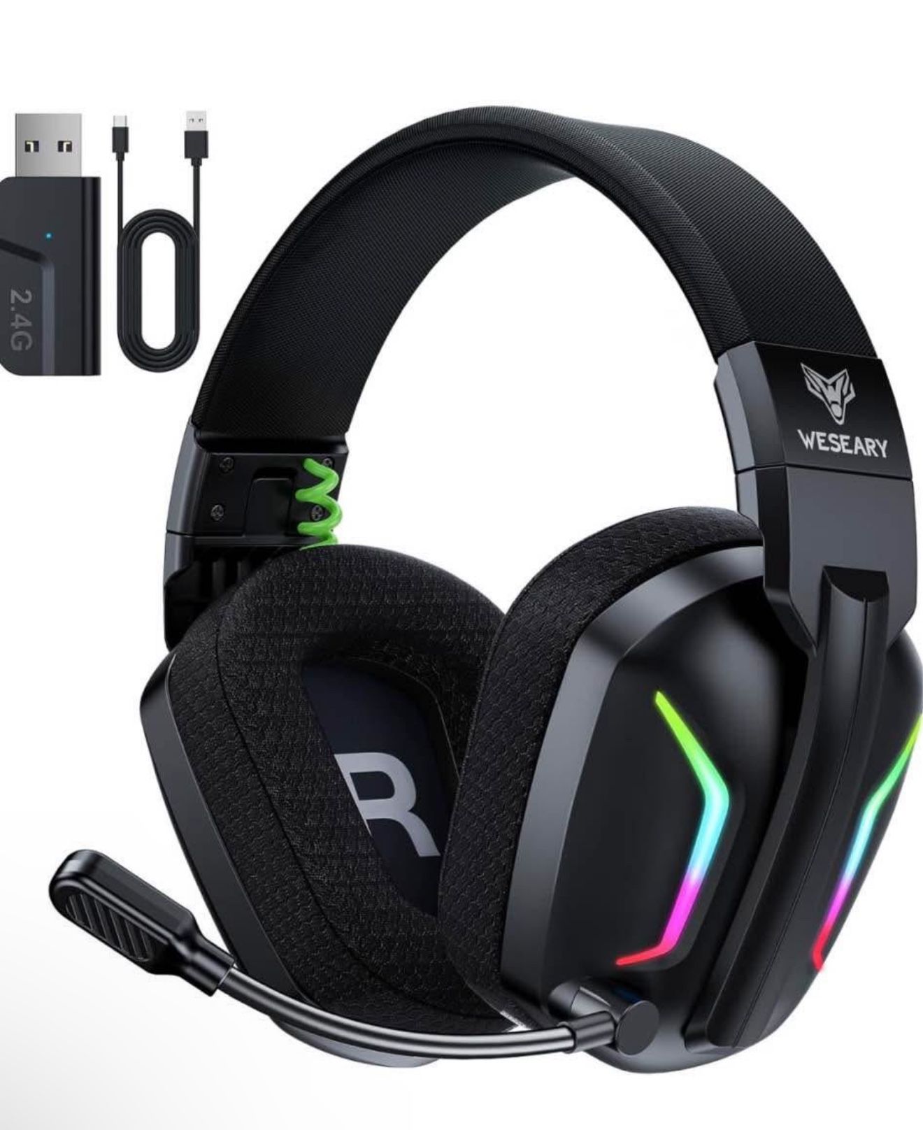 Wireless Gaming Headsets for PC, PS5, PS4, Switch, Mac, 2.4GHz Wireless Gaming Headphone with ENC Noise Canceling Microphone, Bluetooth 5.4, Cool Ligh