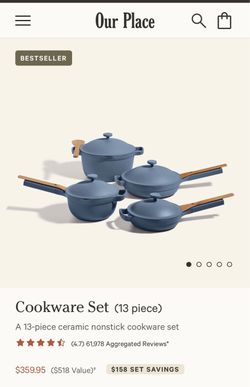 Iconic Our Place Always Pan 2.0 in blue. This ceramic nonstick pan has a matching lid and a built-in spoon rest on the handle. Steam-colored 12.5-inc