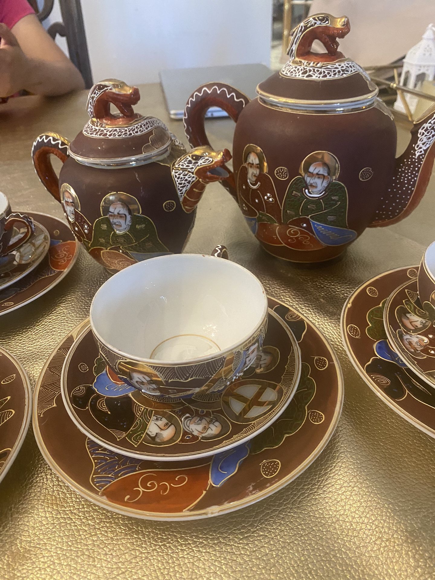 Antique Japan Satsuma Geisha Dragon Ware Moriah 15 Pc Tea Set Pot