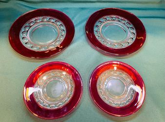 Vintage beauties! Indiana glass Kings Crown/Thumbprint plates with iridescent red banding