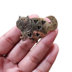 Vintage 925 Sterling Silver Chunky Hearts Cat Pin 2"
