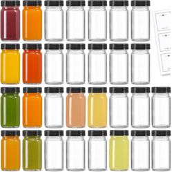 30 Pack 2 oz Glass Shot Bottles w/ Black Lids & 30 Labels - Small Clear Jar for Ginger, Wellness Shot, Juice, Sample, Whiskey - Travel Essentials Mini