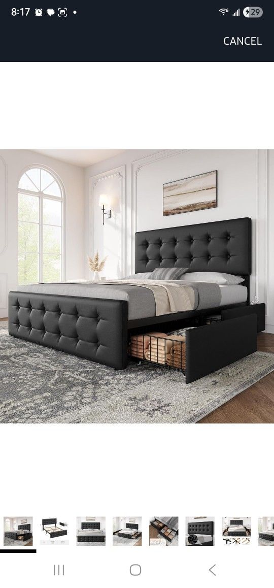 GAOMON Full Size Bed Frame with 4 Storage Drawers and Headboard, Faux Leather Upholstered Platform Bed Frame with Wooden Slats Support, Button Tufted
