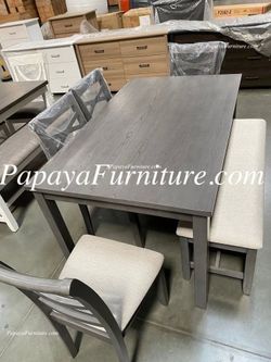 NEW 6 Piece Dining Room Table and Chair Bench Set Grey Wood Kitchen Big Furniture Discount Warehouse SALE Ashley Style Clearance Closeout Solid DEAL