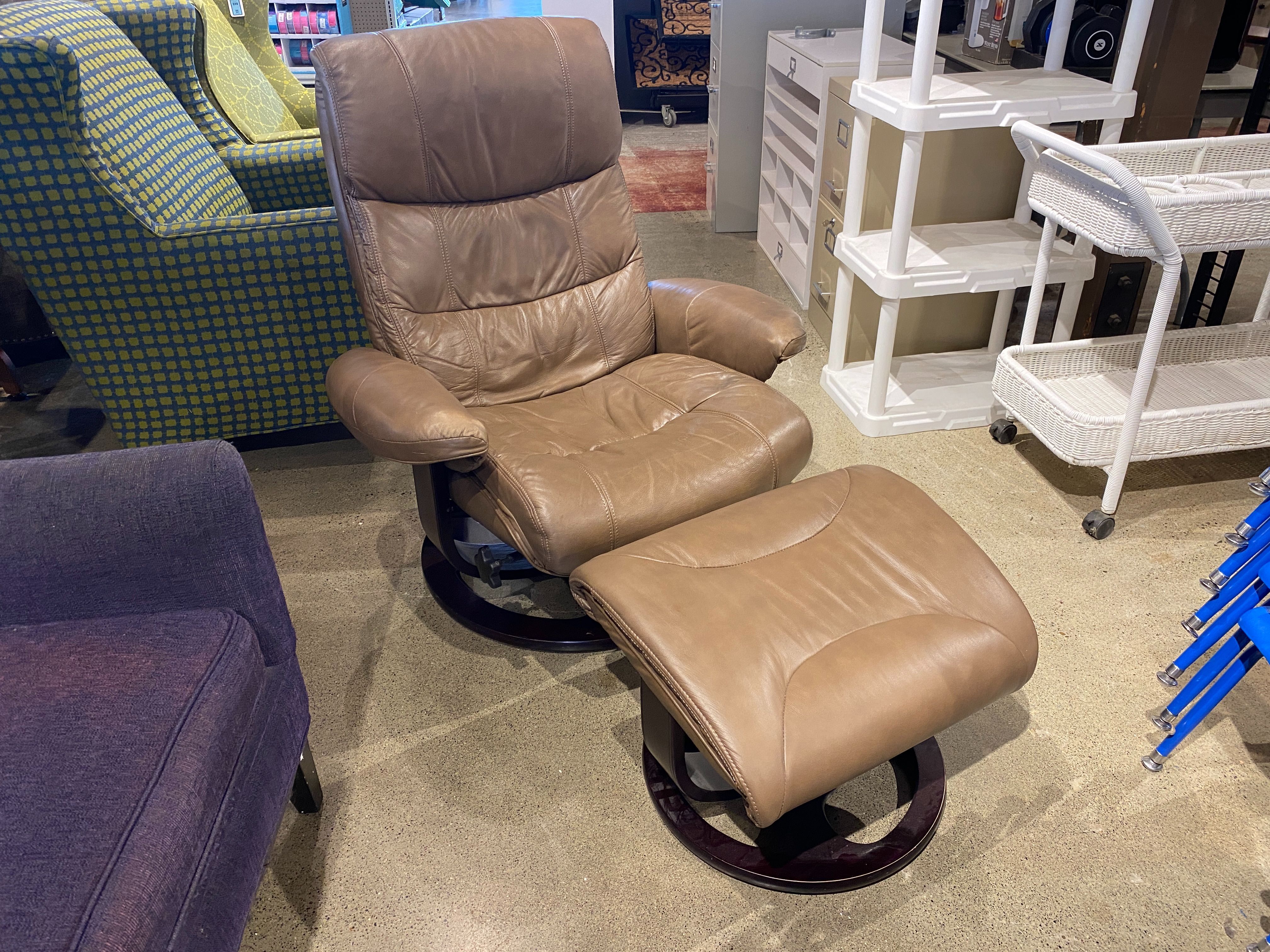 Taupe Leather Recliner Chair with Matching Ottoman